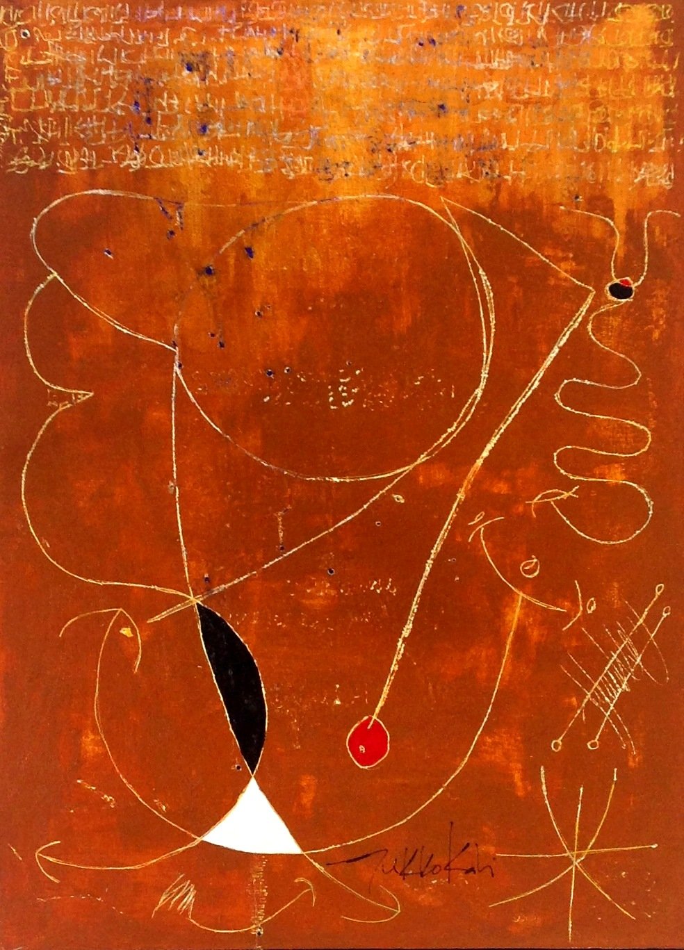 Pintura texturizada em laranja com linhas finas claras