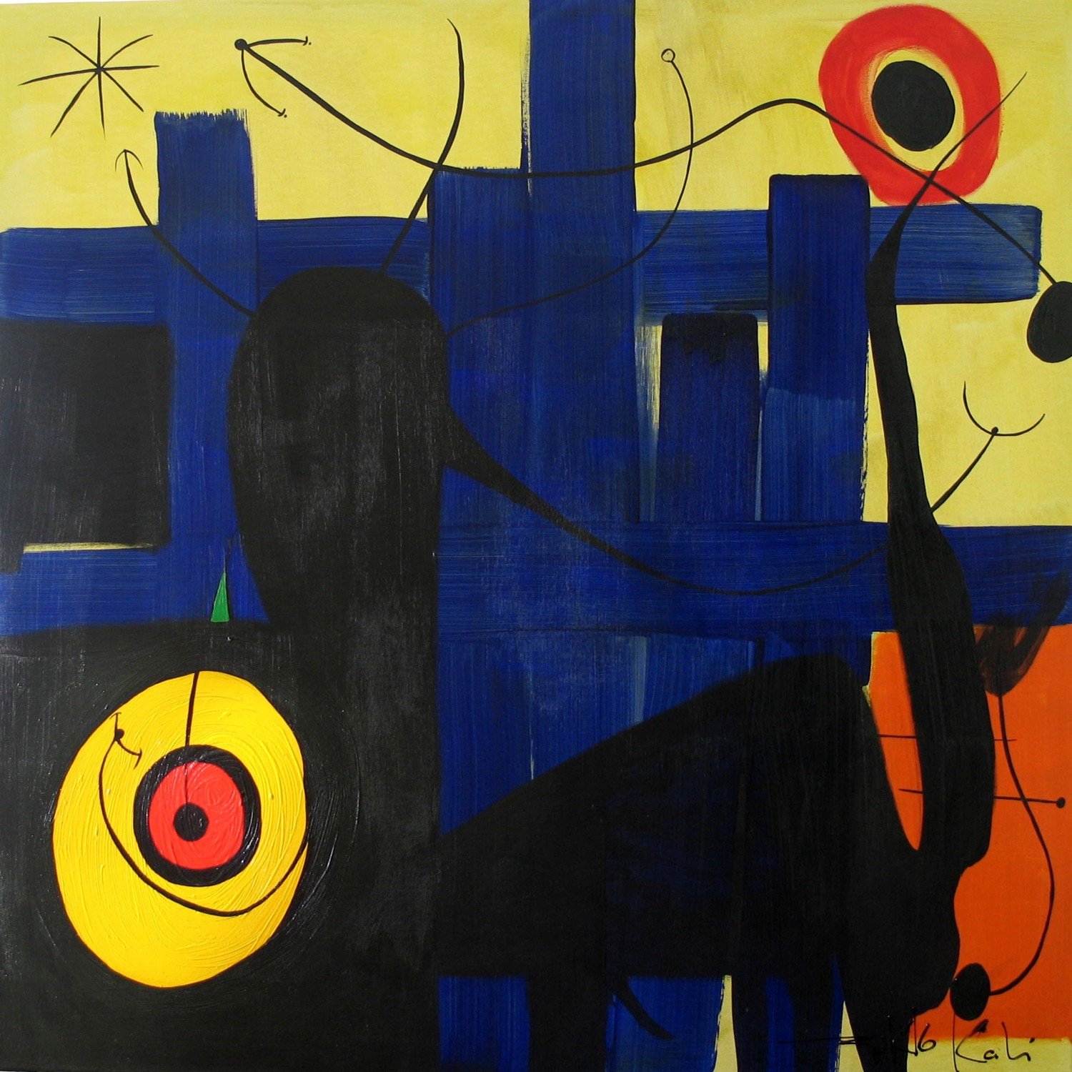 Pintura abstrata com grade azul sobre fundo amarelo e silhueta preta