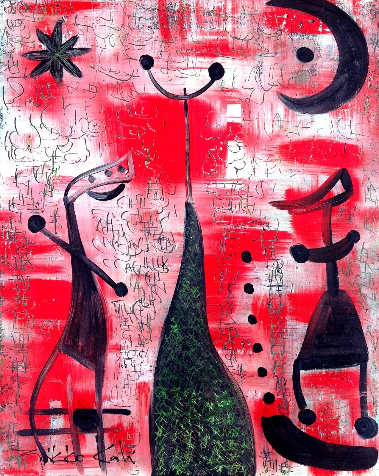Pintura com figuras estilizadas pretas e verdes sobre fundo vermelho