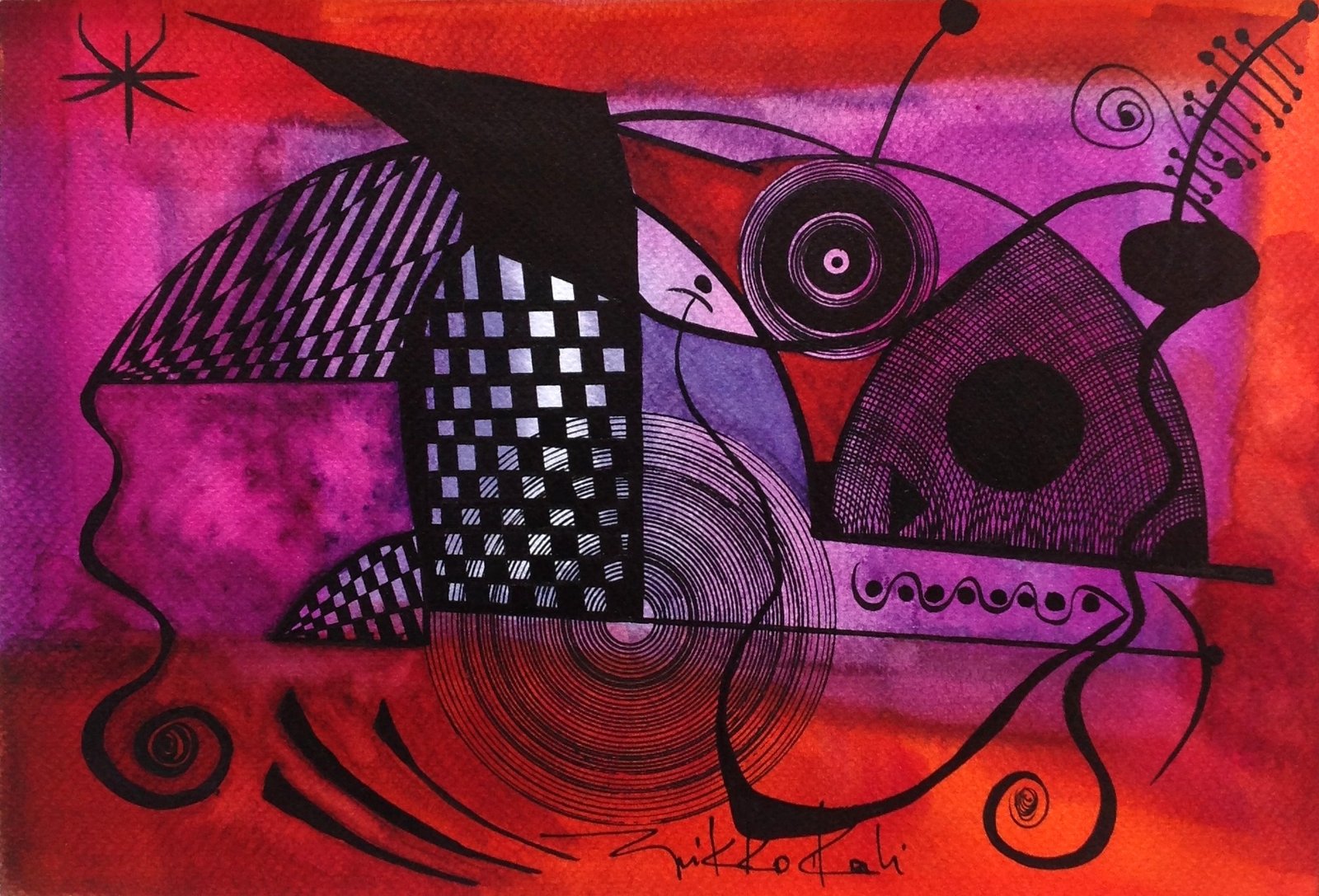 Pintura abstrata em púrpura e vermelho com formas geométricas pretas