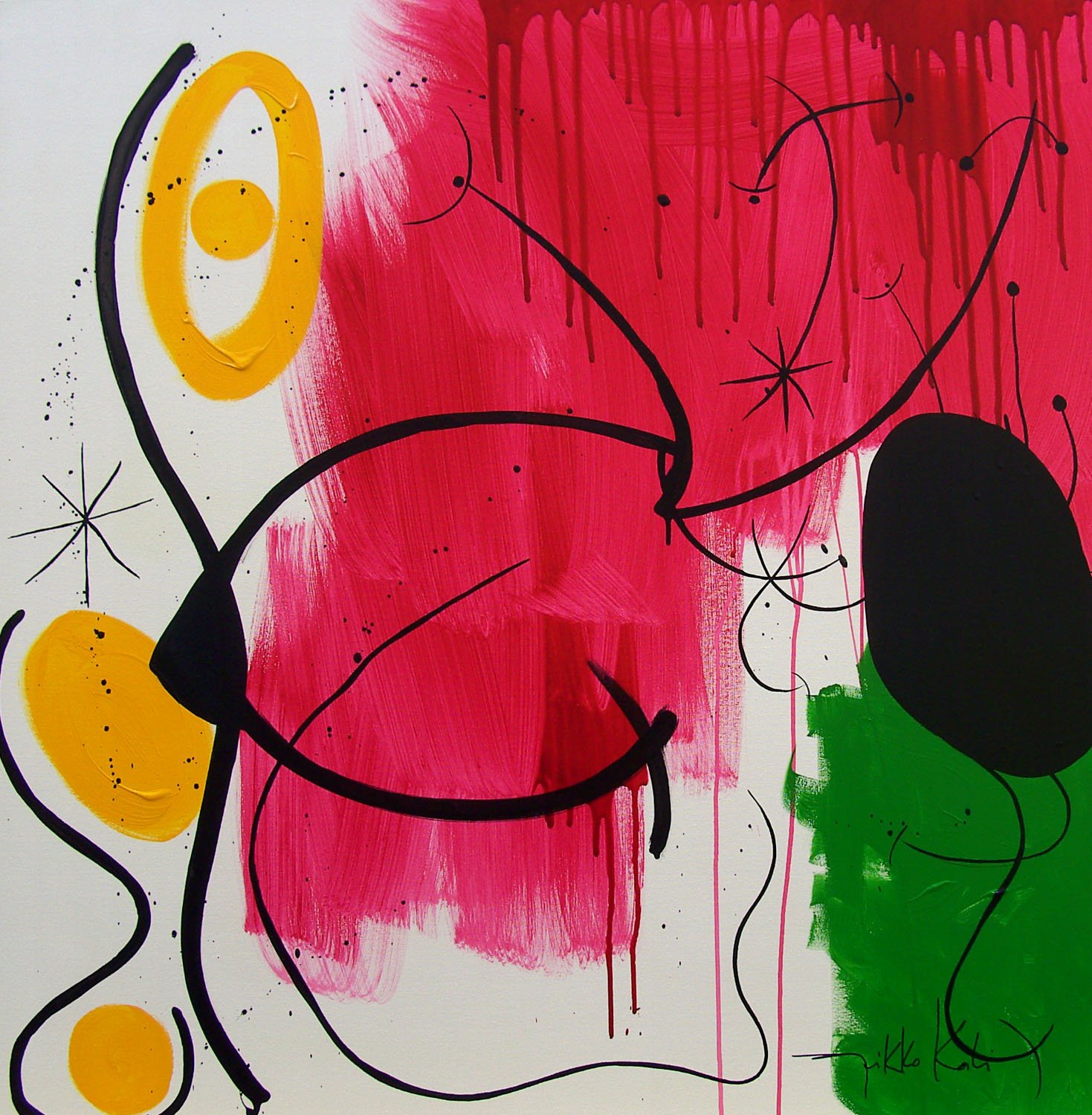 Pintura abstrata em rosa intenso com formas pretas, amarelas e verdes