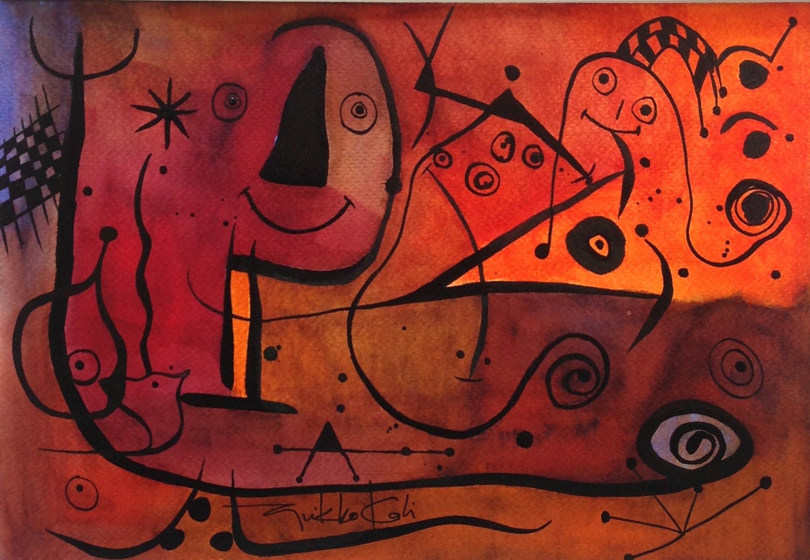 Pintura abstrata em tons terracota com figuras de linhas pretas
