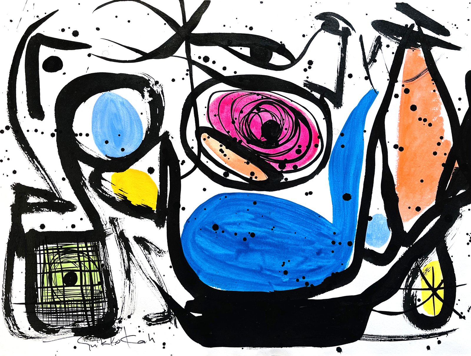 Pintura gestual em preto com áreas azuis, rosas e laranjas