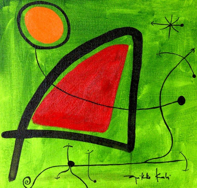 Pintura abstrata verde com forma triangular vermelha e sol laranja
