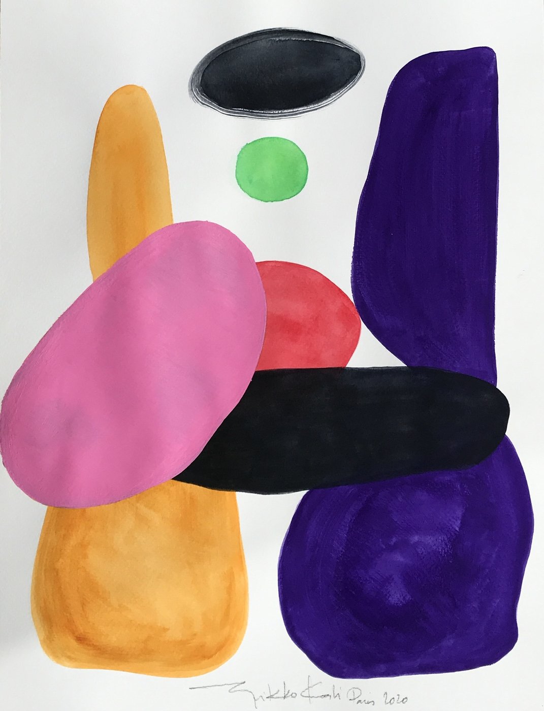 Gouache com formas orgânicas rosa, roxa, laranja e preta