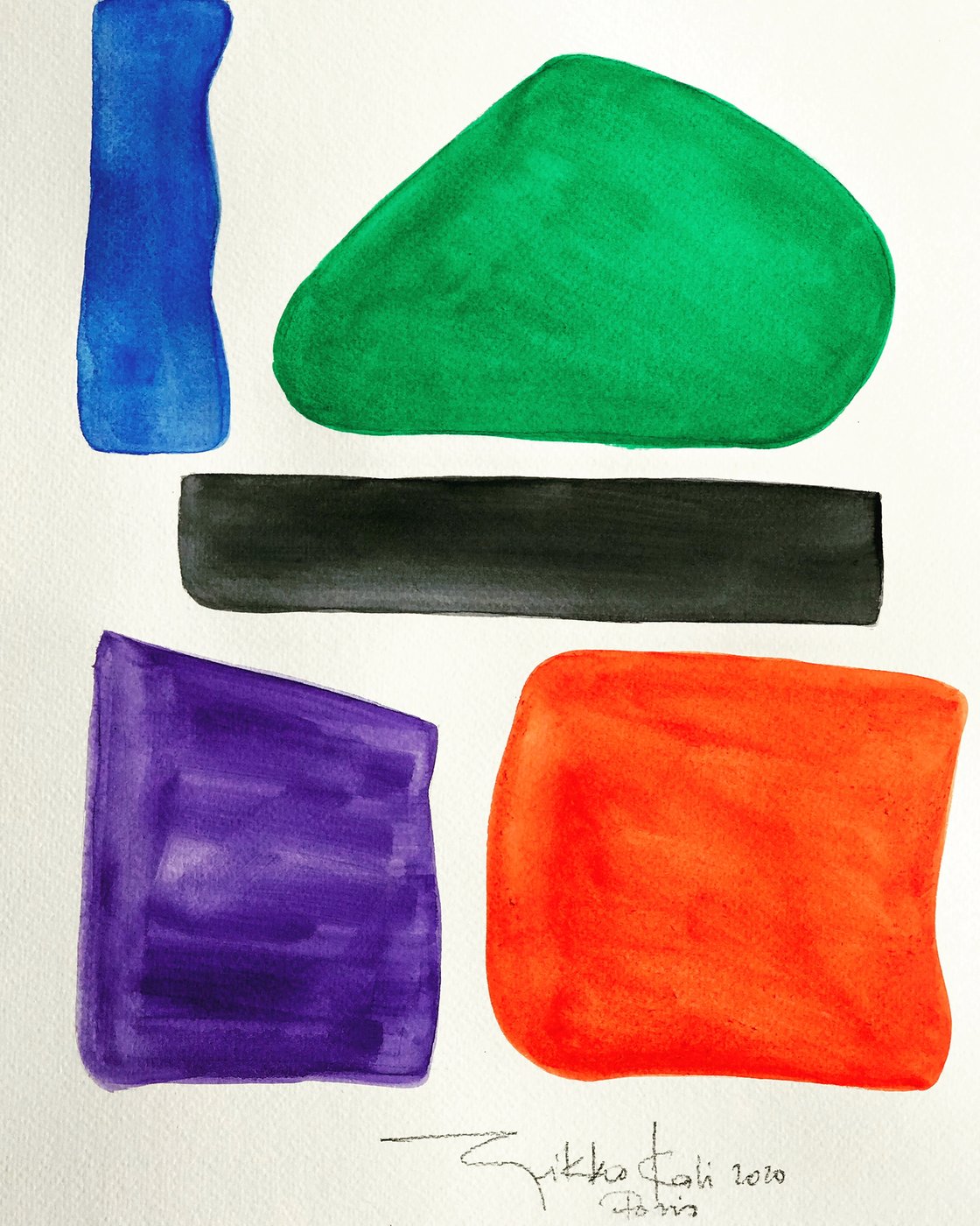 Gouache com retângulos e formas azul, verde, roxa e laranja