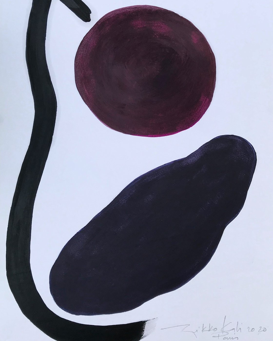 Gouache com círculo vinho, forma preta e linha sinuosa