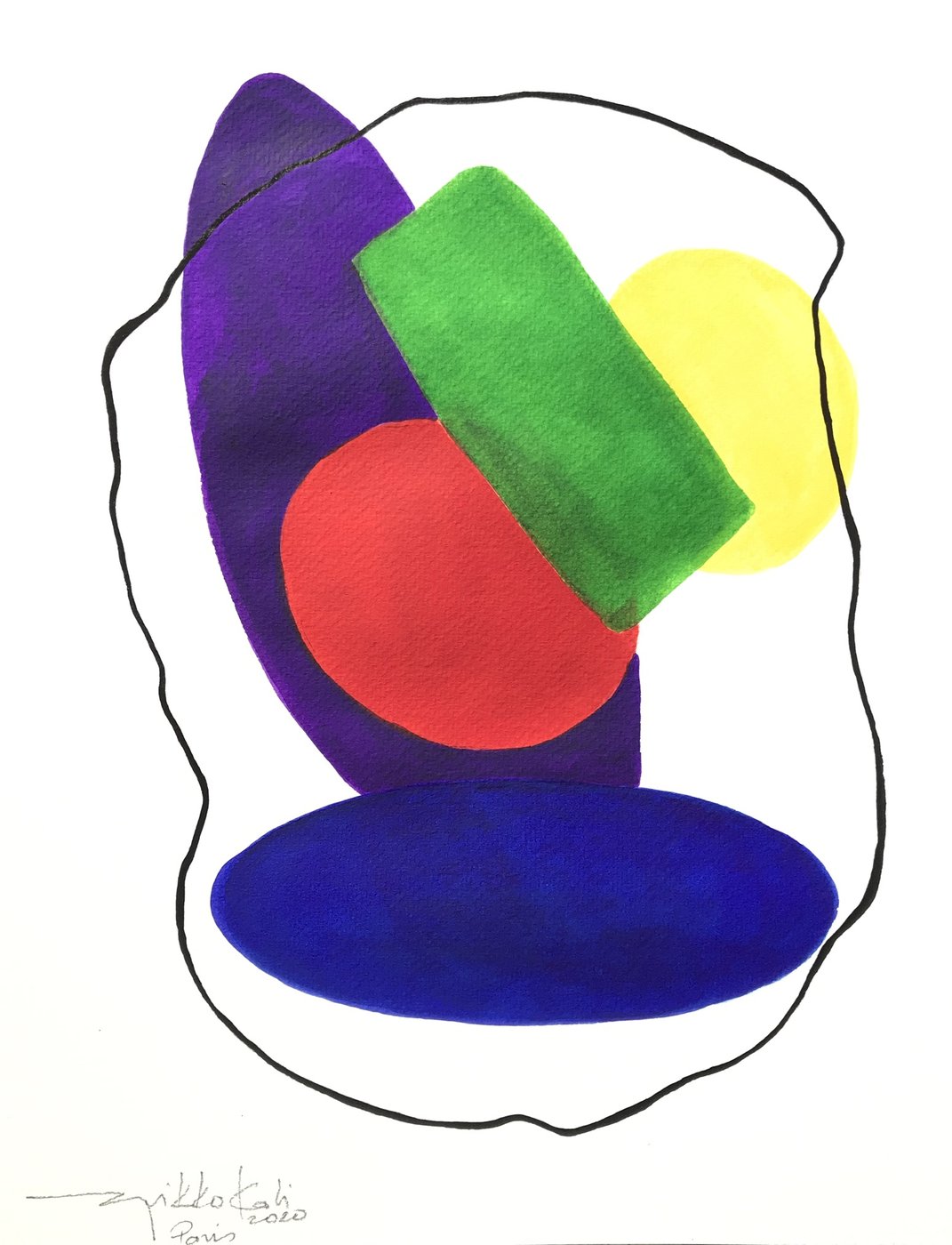 Gouache com formas sobrepostas roxa, verde, vermelha e azul
