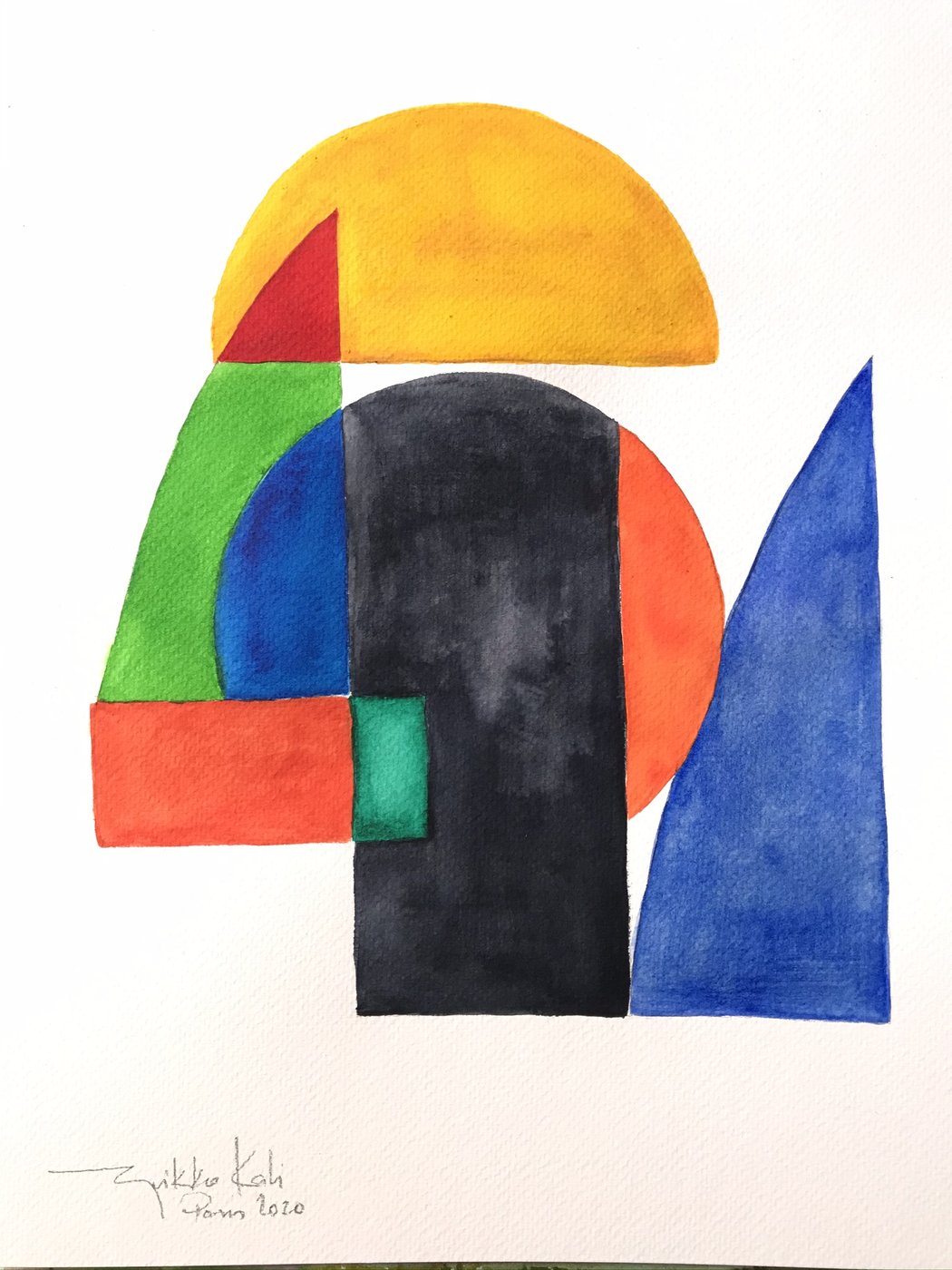 Gouache geométrico com semicírculo laranja e formas verdes e azuis