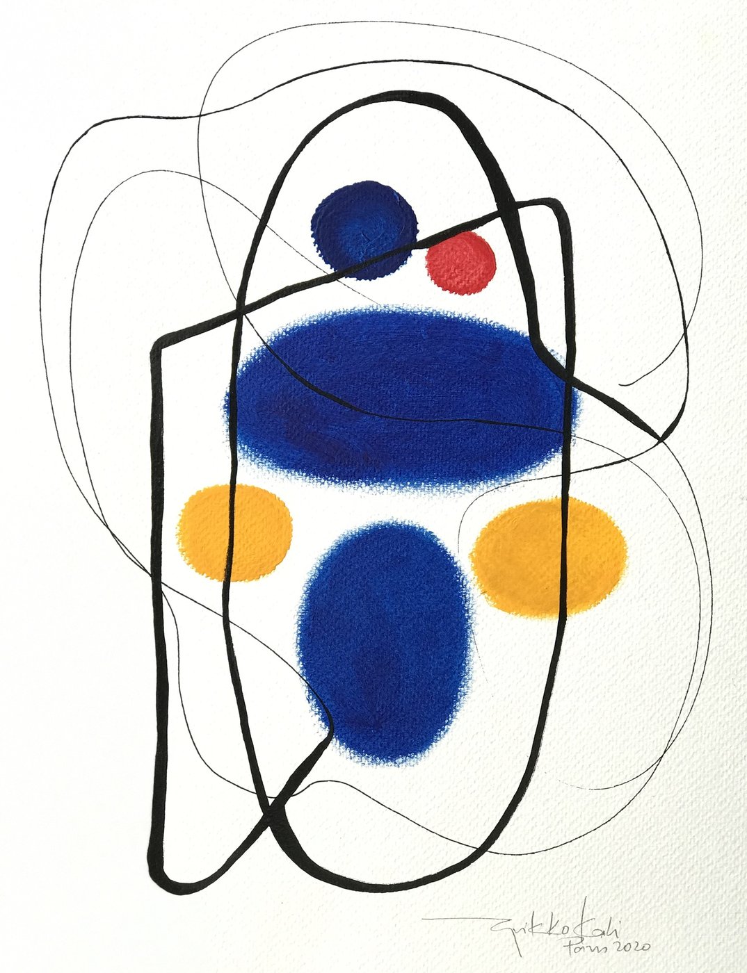 Gouache com formas azuis e laranjas e linhas finas pretas